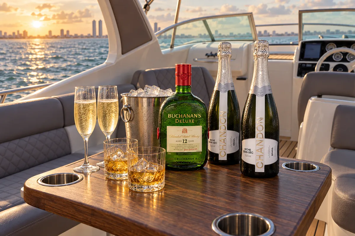 Buchanan’s e Chandon Demi-Sec a bordo — imagem ilustrativa gerada por IA