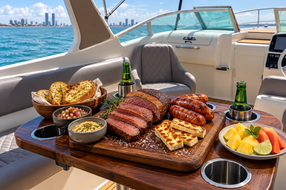 Churrasco Premium servido a bordo da lancha — imagem ilustrativa gerada por IA