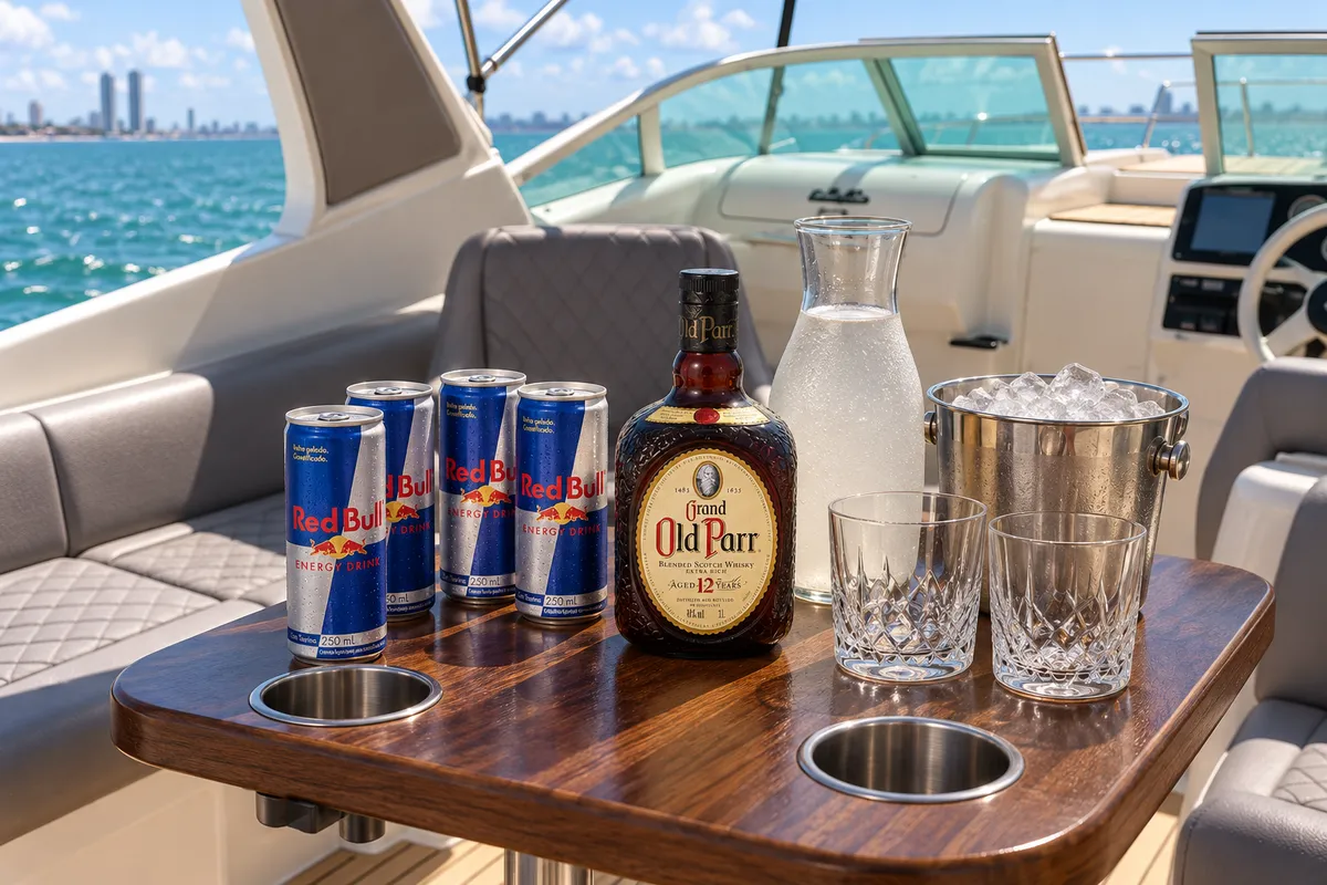 Old Parr e Red Bull no combo servido na lancha — imagem ilustrativa gerada por IA