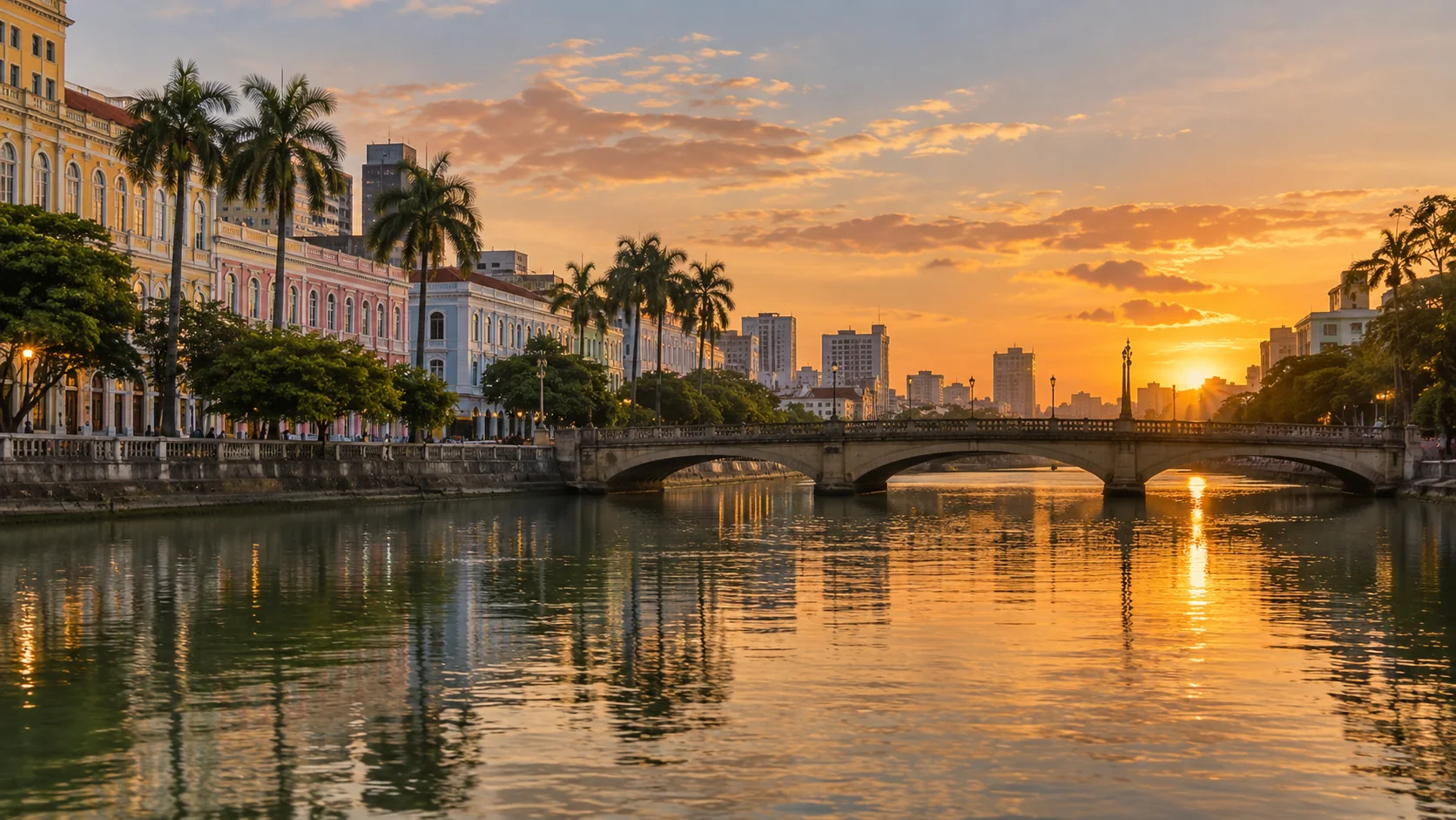 Imagem ilustrativa gerada por IA — Passeio Recife e suas Pontes com pôr do sol